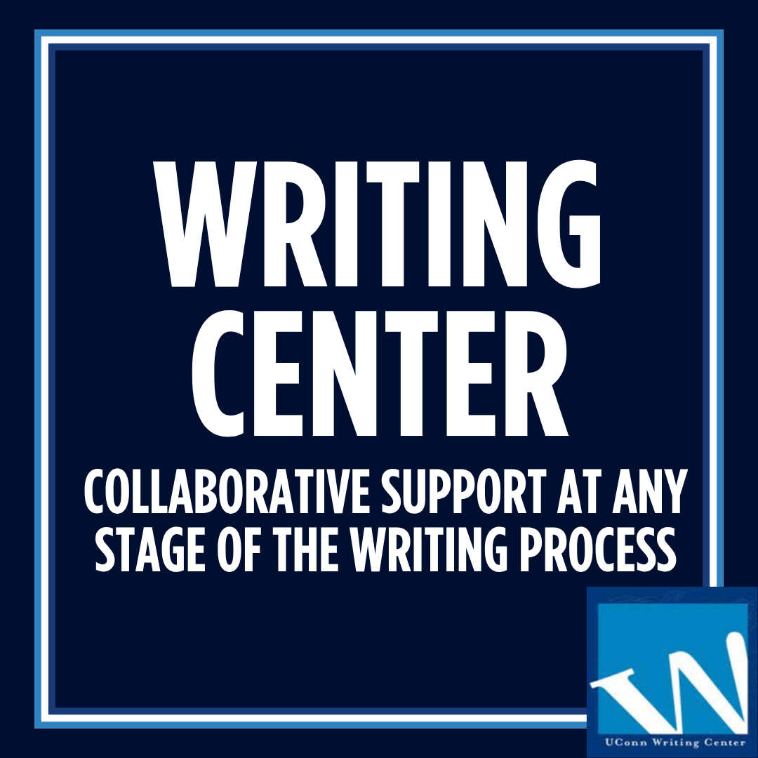 Graphic labeled Writing Center underscored by text reading collaborative support at any stage of the writing process  